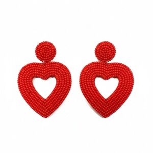 Red Beaded Open Heart Dangle Drop Earrings - For Pierced Ears